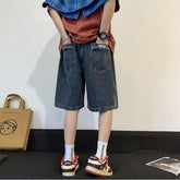 Men Jeans Light Blue Drawstring Ripped Denim Shorts Oversize